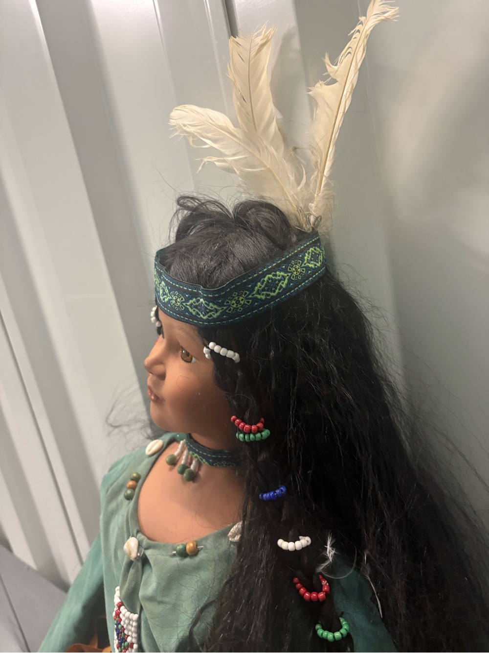 Native Style Collectible Doll with Teal Top and Tan Fringe Skirt - Picture 10 of 16